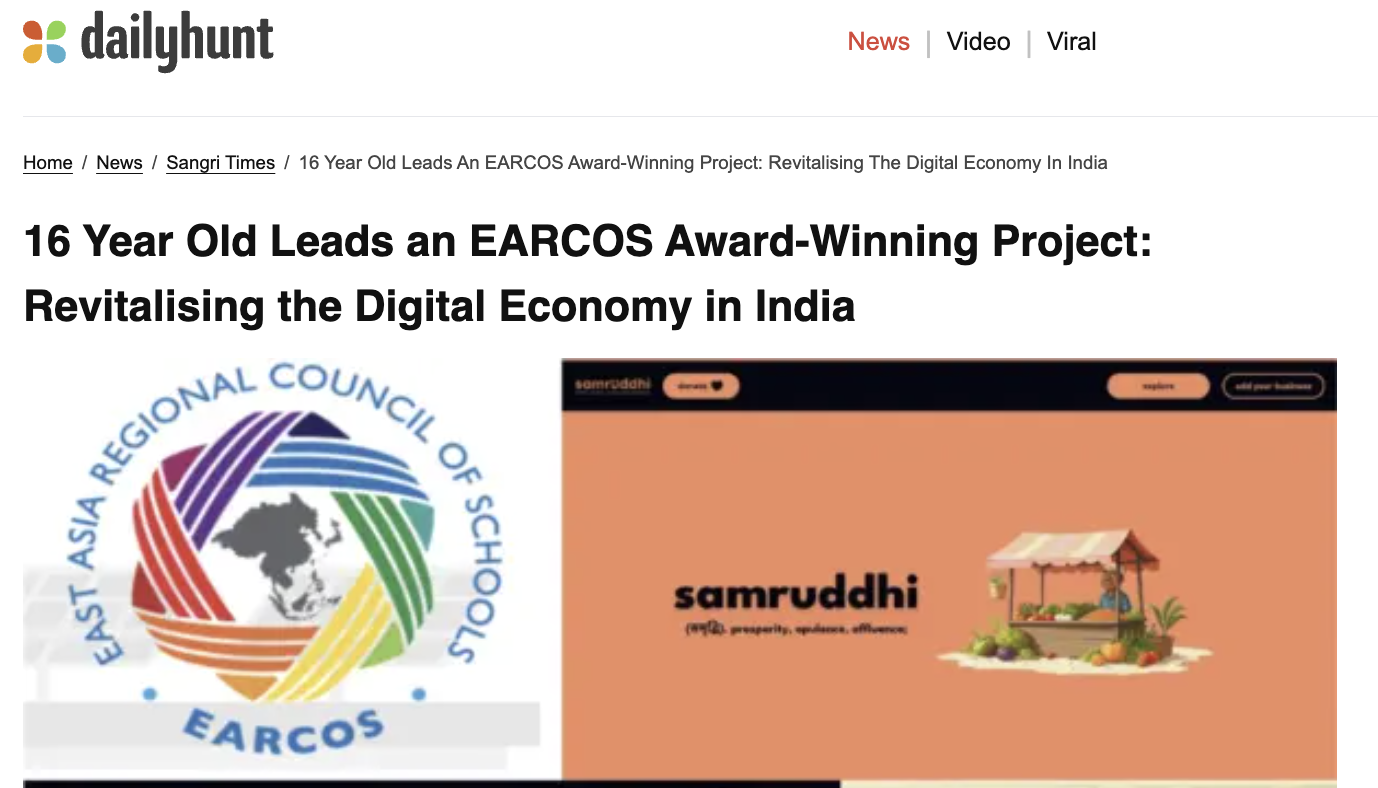 16 Year Old Leads an EARCOS Award-Winning Project: Revitalising the Digital Economy in India — Dailyhunt / Sangri Times
